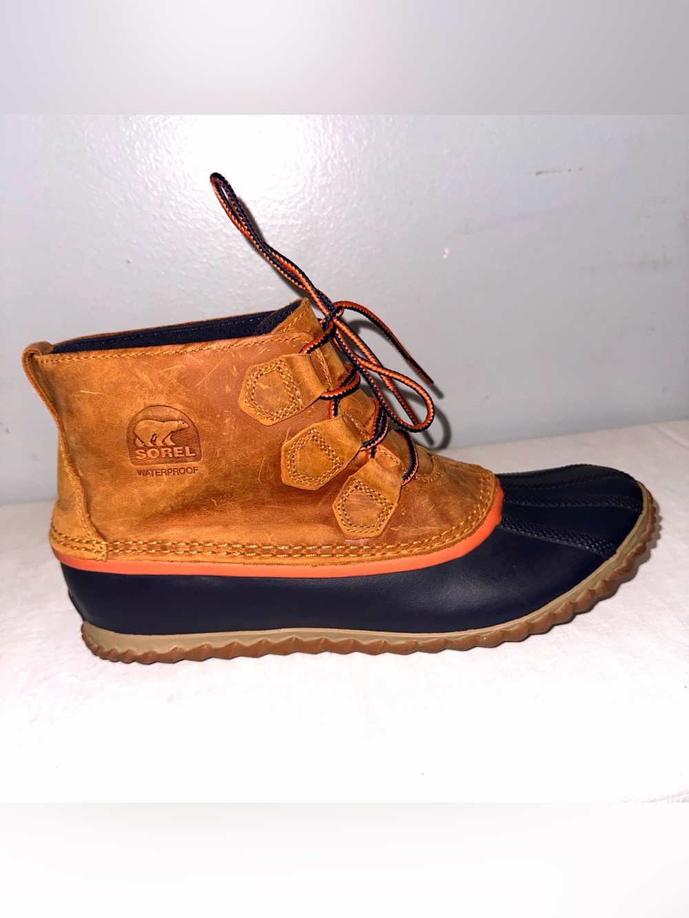 Sorel Women’s Size 10 Waterproof Duck Boot Tan and Black with Orange Trim
